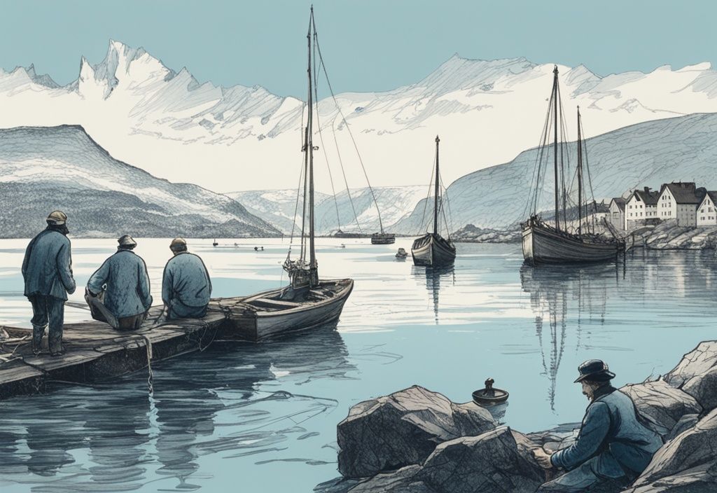 Vintage-Skizze von Fischern in Stavanger, Norwegen, bei der Arbeit auf kristallklarem Wasser vor majestätischen Fjorden, Hauptfarbthema Blau.