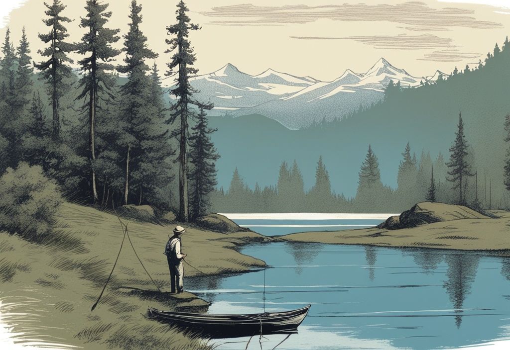 Vintage Skizze eines Anglers am frühen Morgen, der seine Angel in einen ruhigen See inmitten üppiger Wildnis wirft, Hauptfarbthema Blau