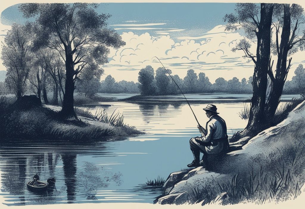 Vintage-Skizze eines ruhigen polnischen Landschaftsbildes mit einem Mann, der heimlich in einem Fluss angelt und sich umsieht, um sicherzustellen, dass er nicht entdeckt wird - angeln in Polen ohne Angelschein.