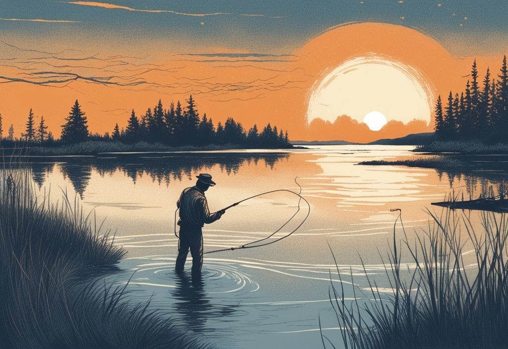 Vintage-Skizze eines Anglers beim Angeln auf Langeland, der seine Angelrute ins funkelnde Wasser wirft, mit ikonischem orangefarbenem Sonnenuntergang im Hintergrund.