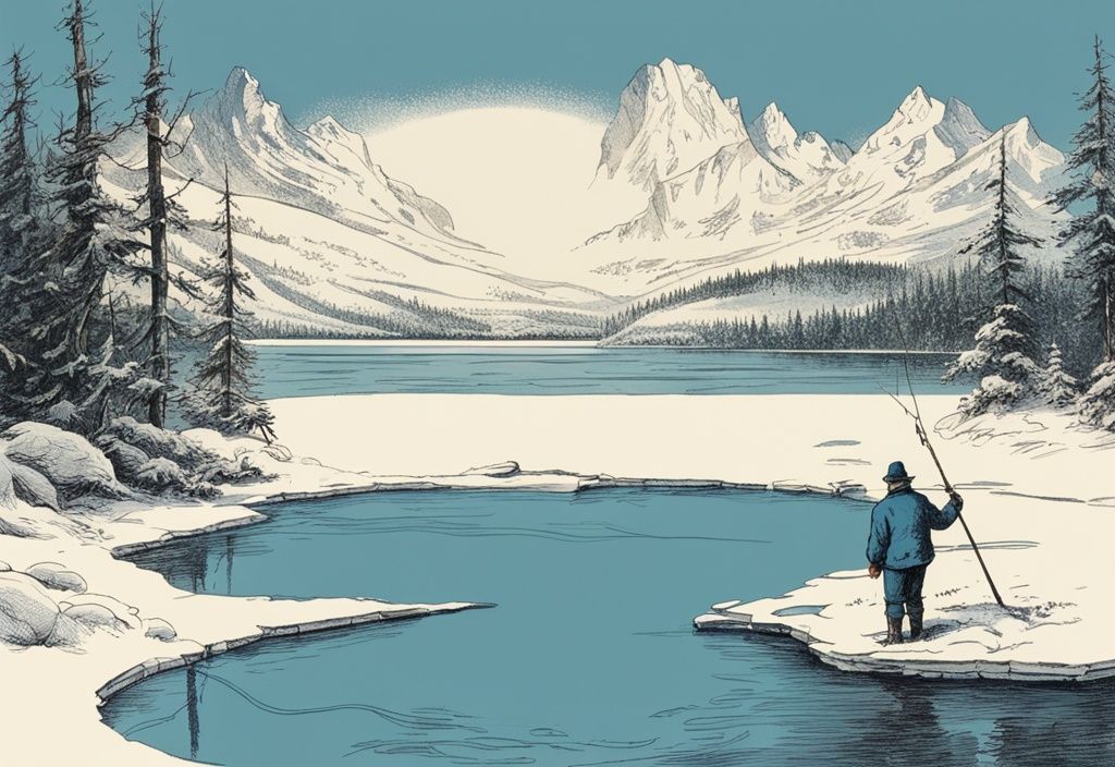 Vintage-Skizze eines alleinstehenden Fischers auf einem schneebedeckten See, der einen glänzenden Hecht aus einem Eisloch zieht, Hechtangeln im Winter.