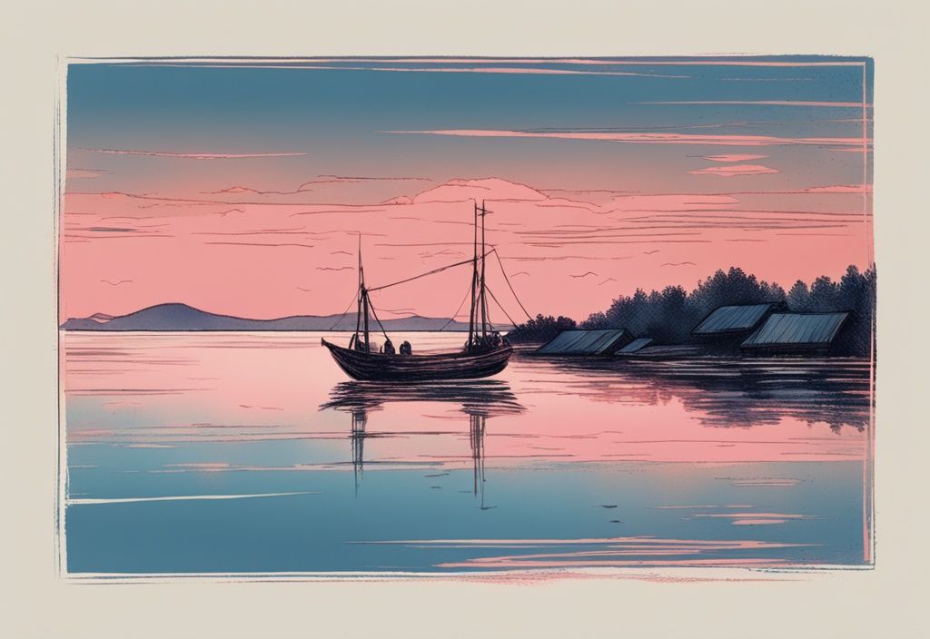 Vintage-Skizzenillustration eines frĂŒhen Morgens auf Hitra mit einem kleinen Fischerboot auf spiegelglattem Wasser unter einem Himmel in Rosa- und Orangetönen, angeln auf Hitra.
