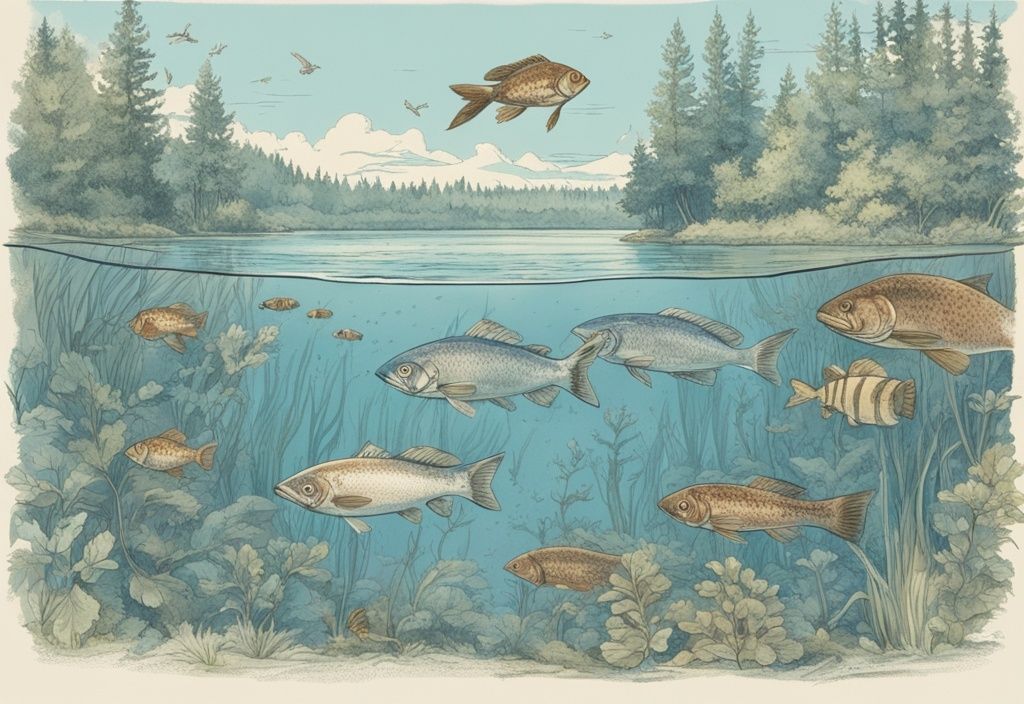 Vintage-Skizzenillustration von Fischen in deutschen Seen, die unter der Oberfläche eines klaren, ruhigen Sees inmitten üppiger Grünflächen schwimmen, Hauptfarbthema Blau.