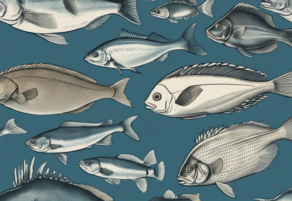 Vintage-Skizzenillustration von Fischarten NRW in Blau, zeigt verschiedene Fischarten aus Nordrhein-Westfalen, Deutschland, mit ihren Farben und einzigartigen Merkmalen.