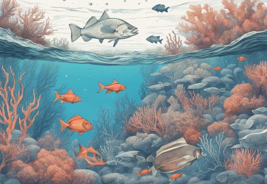Vintage-Skizzenillustration einer Unterwasserszene mit verschiedenen Fischarten und bunten Korallenriffen in Blau.