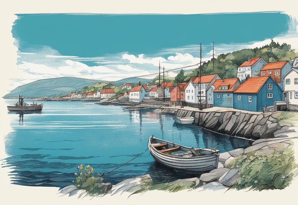 Vintage-Skizzenillustration eines Fischers in einem Boot, der seine Angel in das blaue Wasser von Stavanger, Norwegen, wirft, mit zerklüfteter Küste und bunten Häusern im Hintergrund. Stavanger angeln.