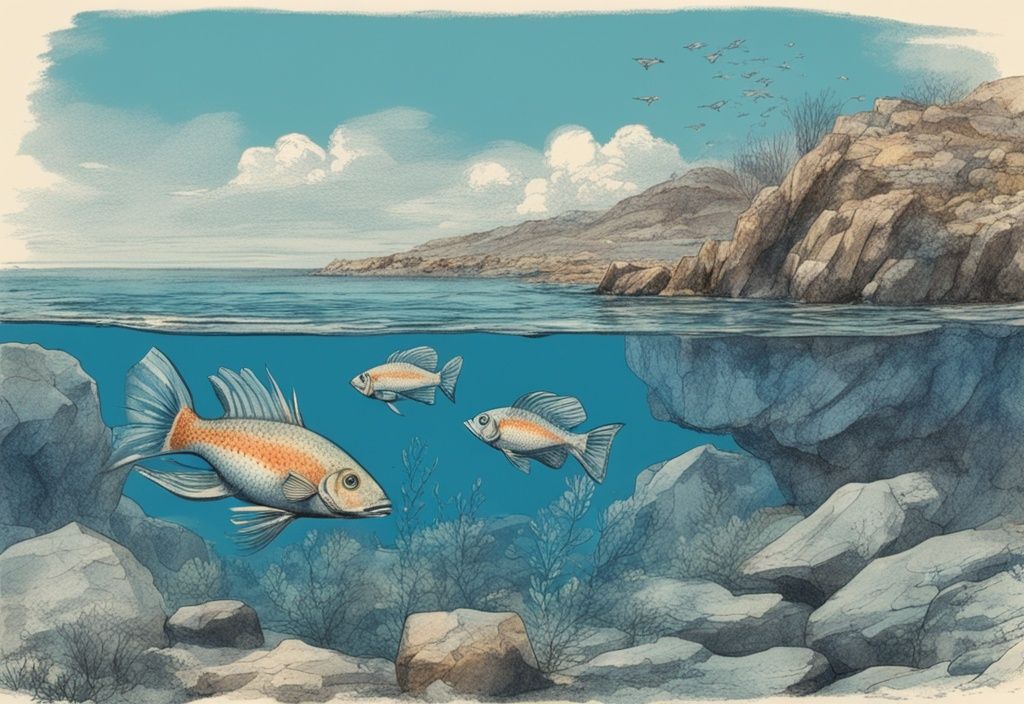Vintage-Skizzenillustration von bunten Fischen im kristallklaren Wasser entlang der felsigen Küste von Madeira, Hauptfarbthema Blau.