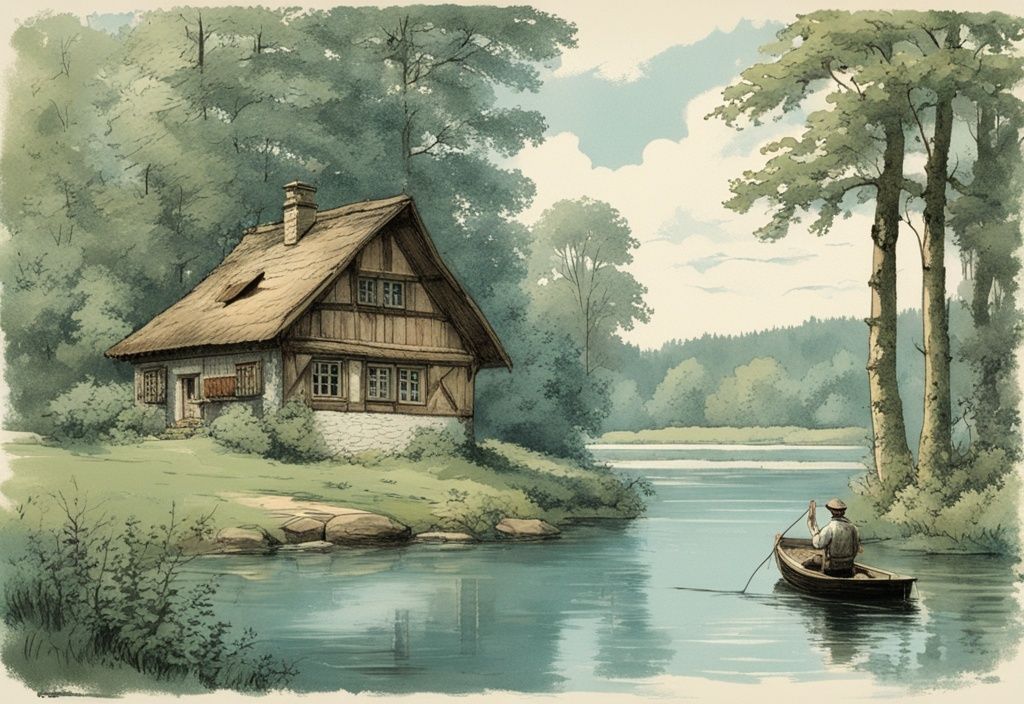 Angler in Thuringen, der eine Angelrute in kristallklares Wasser wirft, umgeben von grünem Wald und traditionellem deutschen Cottage im Hintergrund, Vintage-Skizze in Blau