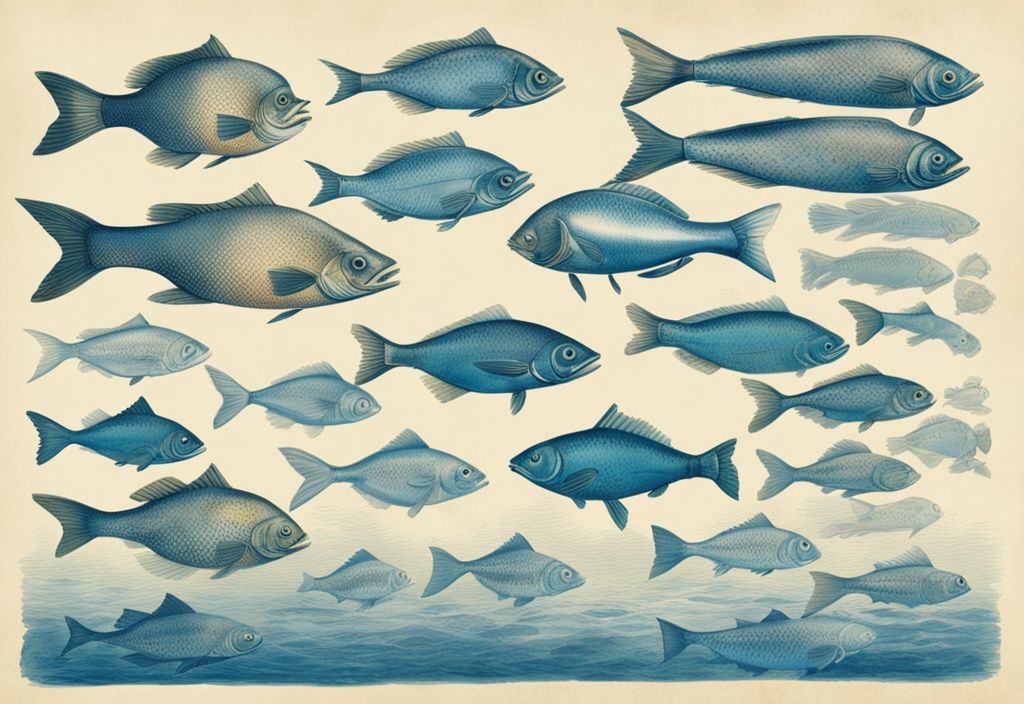 Vintage-Skizze von Fischen in verschiedenen Reifestadien, von klein und jung links bis groß und alt rechts, in Blautönen.