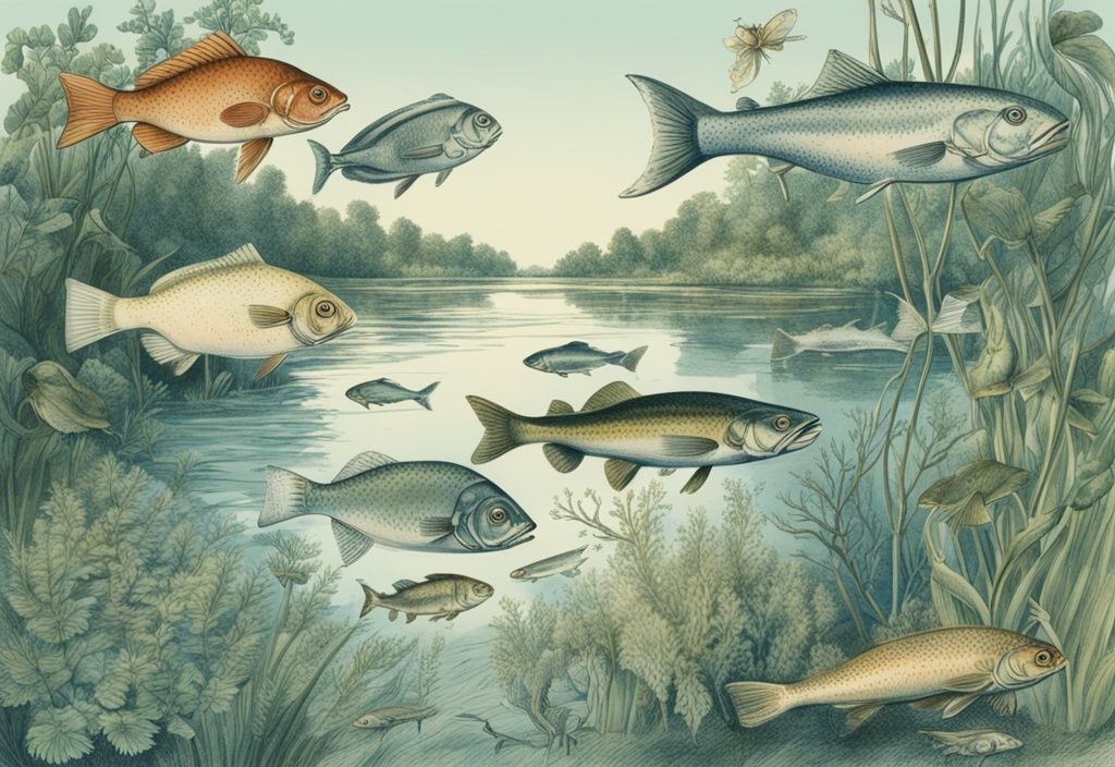 Vintage-Skizzenillustration von Fischarten in Niedersachsen, schwimmend in klarem Wasser mit grünen Wasserpflanzen im Hintergrund, Hauptfarbthema Blau