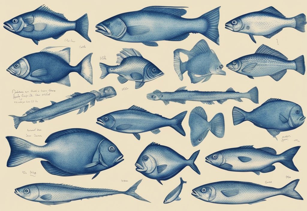 Vintage-Skizze einer Fischillustration in Blau mit drei Namensschildern für dieselbe Fischart