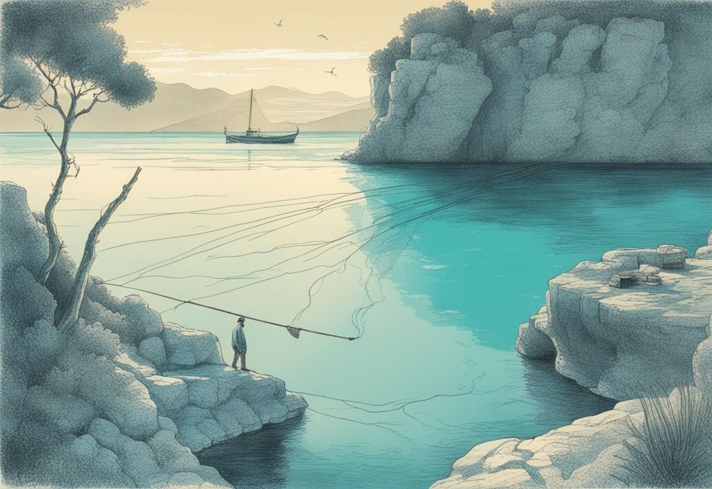 Vintage-Skizze eines Fischers bei Sonnenaufgang, der sein Netz ins kristallklare, türkisfarbene Wasser vor der malerischen Küste Mallorcas wirft.