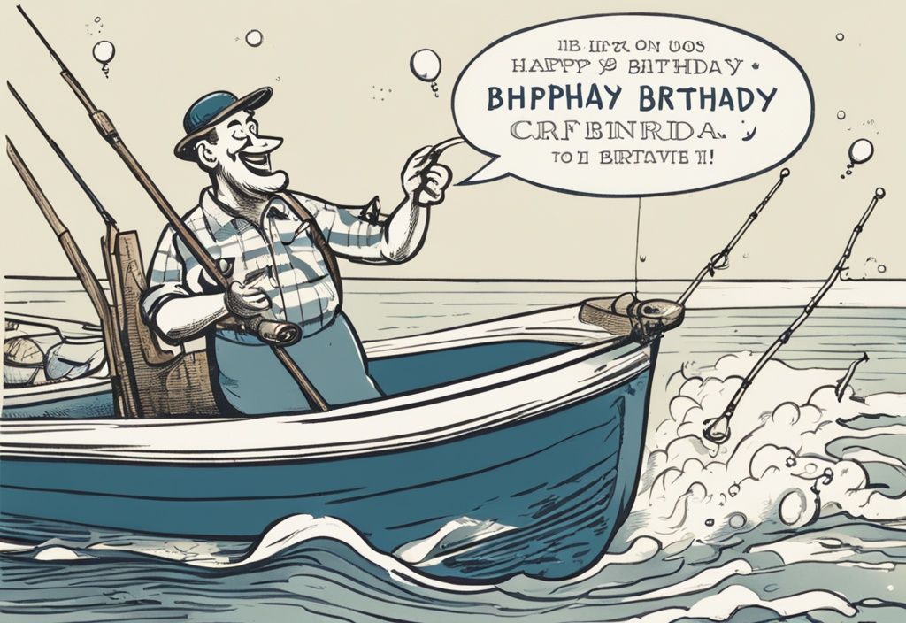 Vintage-Skizzenillustration eines fröhlichen Anglers, der seinen Geburtstag auf einem Boot feiert, mit kurzen Geburtstagssprüchen für Angler in Sprechblasen und dekorativen Beschriftungen.