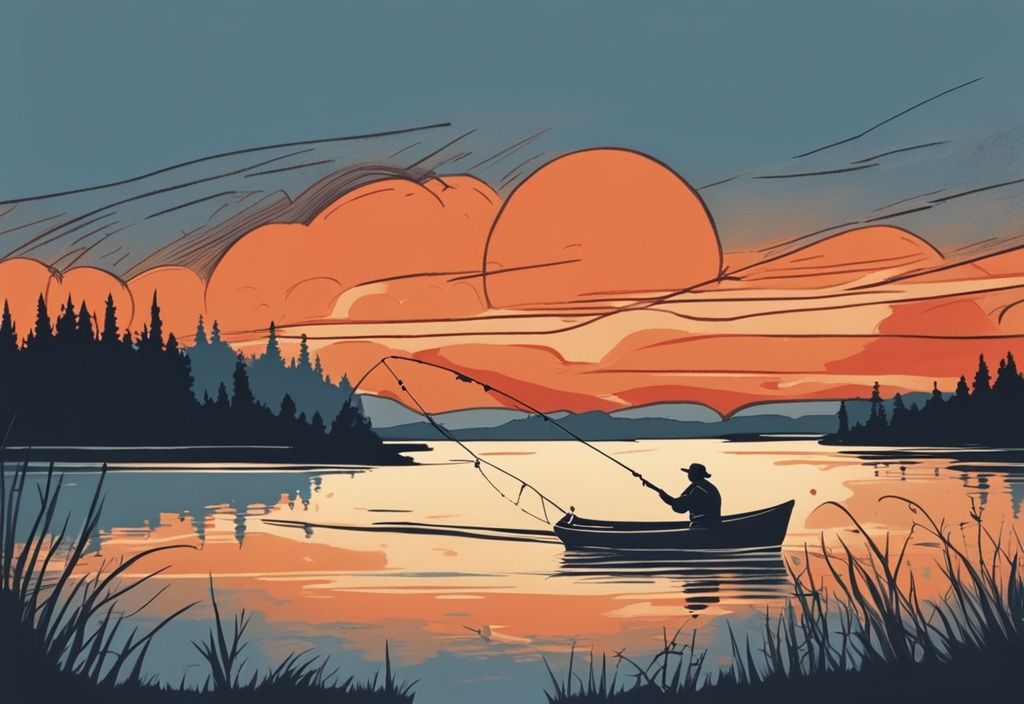 Vintage-Skizzenillustration eines Fischers, der bei Sonnenuntergang auf einem See angelt, mit blauem Farbthema und Himmel in Orange- und Rottönen, beste Zeit zum Angeln.