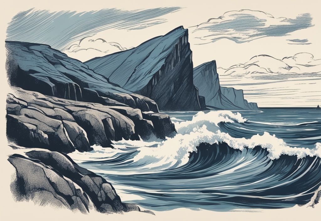 Vintage-Skizze von einer malerischen skandinavischen Landschaft mit dramatischen Gezeitenwellen an Norwegens Küste und zerklüfteten Klippen im Hintergrund, Hauptfarbthema Blau.