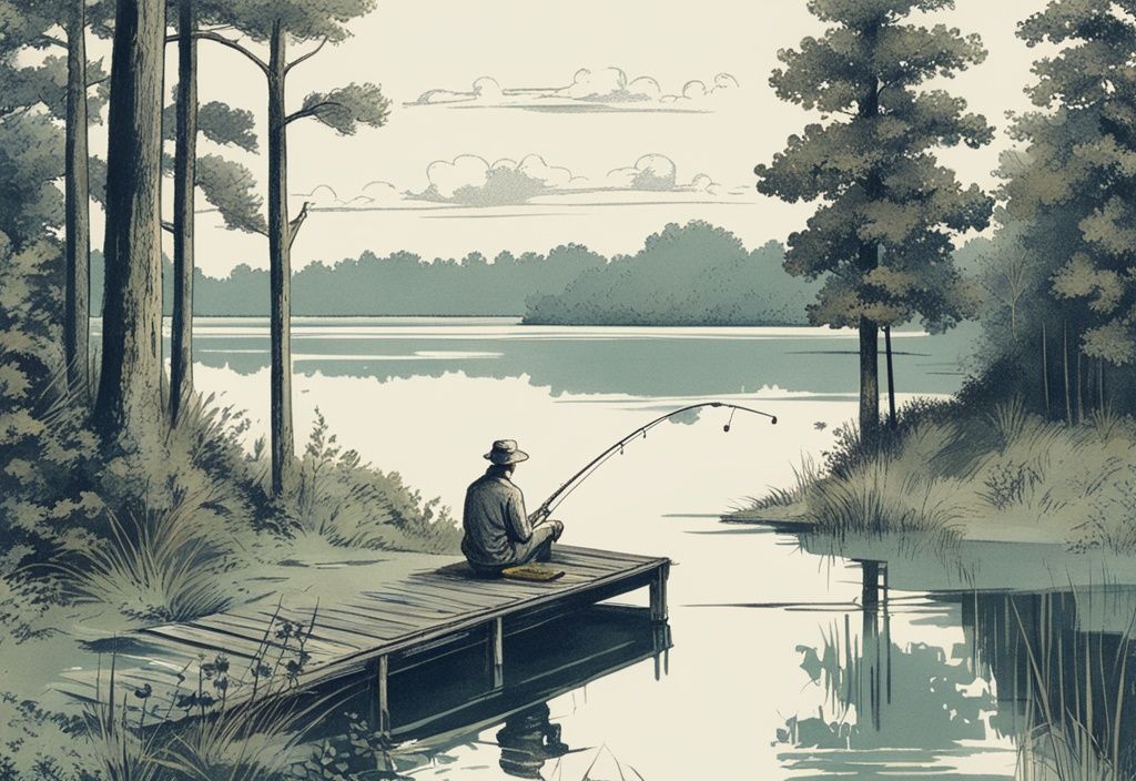 Vintage-Skizze einer Person auf einem Steg beim Angeln, umgeben von den ruhigen Gewässern und der grünen Landschaft der Mecklenburgischen Seenplatte, Hauptfarbthema Blau.
