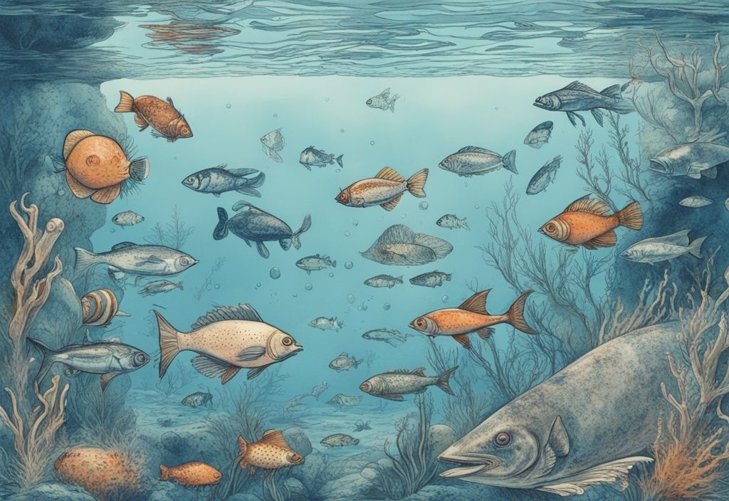 Vintage-Skizze einer Unterwasserszene in Blau, die zeigt, was Fressen Fische: verschiedene Fischarten, die sich von Plankton, kleineren Fischen, Insekten und Pflanzenmaterial ernähren.