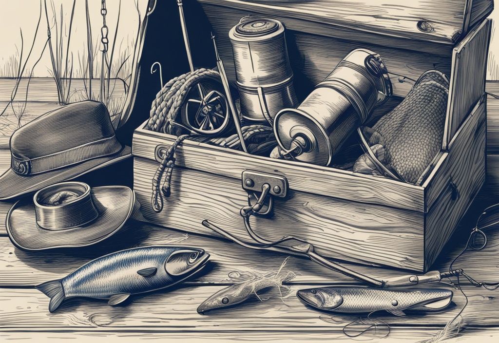 Vintage-Skizze einer Angler Geschenkbox mit blauen Akzenten, die Angelrollen, Köder, Haken, Köder und einen Angelhut zeigt, auf einem rustikalen Holztisch.