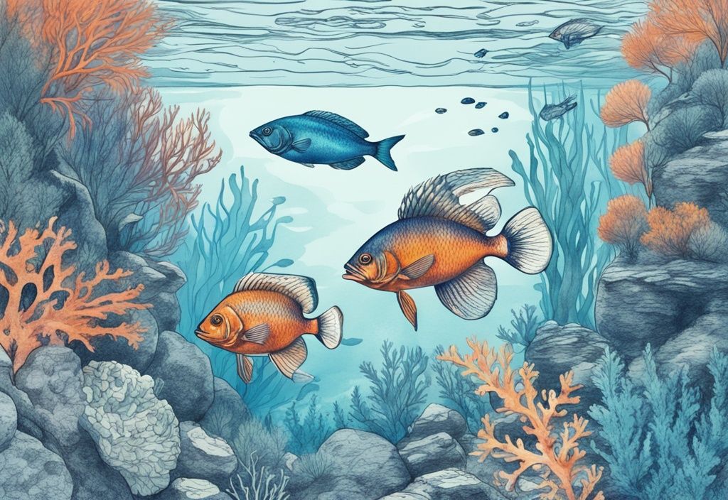 Vintage-Skizze mit blauen Farbtönen, Caspisches Meer Fische schwimmen zwischen Unterwasserpflanzen, Felsen und Korallen.