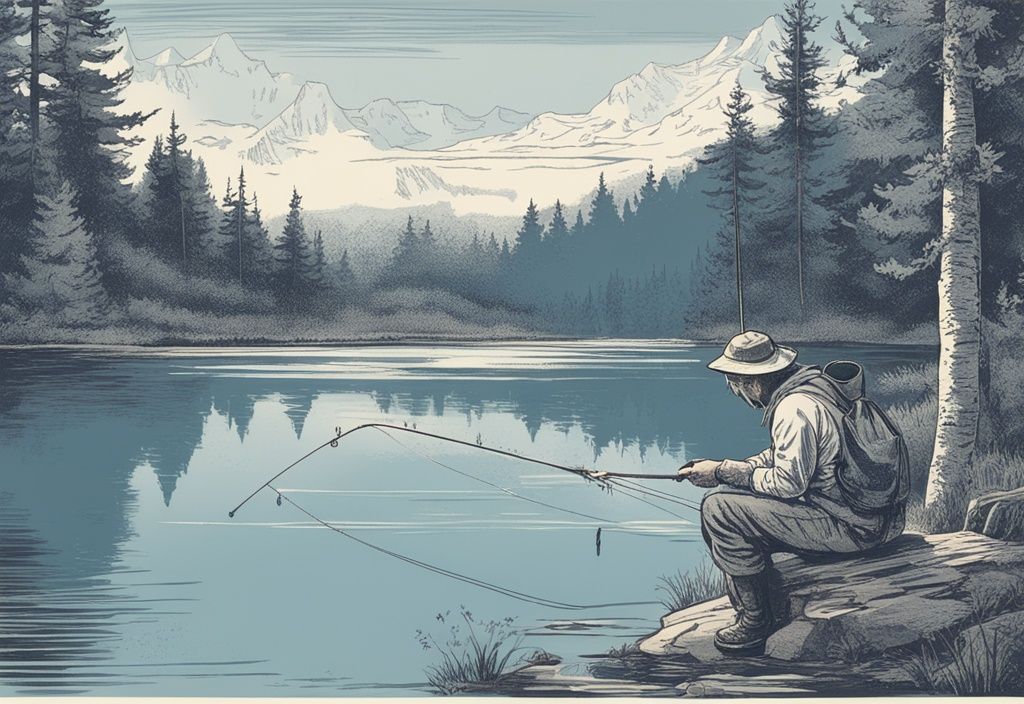 Vintage-Skizze eines Anfängers beim Forellen angeln auf einem ruhigen See, mit einem Handbuch zum Forellen angeln für Anfänger neben ihm.