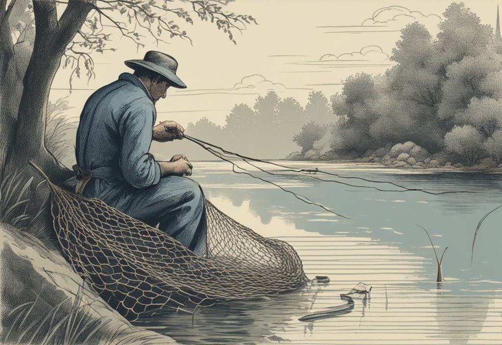 Vintage-Skizze eines Fischers, der am Flussufer sitzt und mit einem rustikalen Netz einen Aal aus dem trĂŒben Flusswasser zieht, Hauptfarbthema Blau, Aal angeln am Fluss.