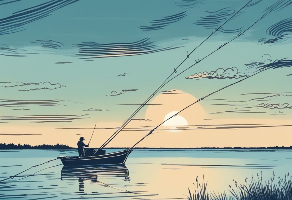 Vintage-Skizzenillustration eines Anglers auf Usedom bei Sonnenaufgang in blauen Farbtönen.