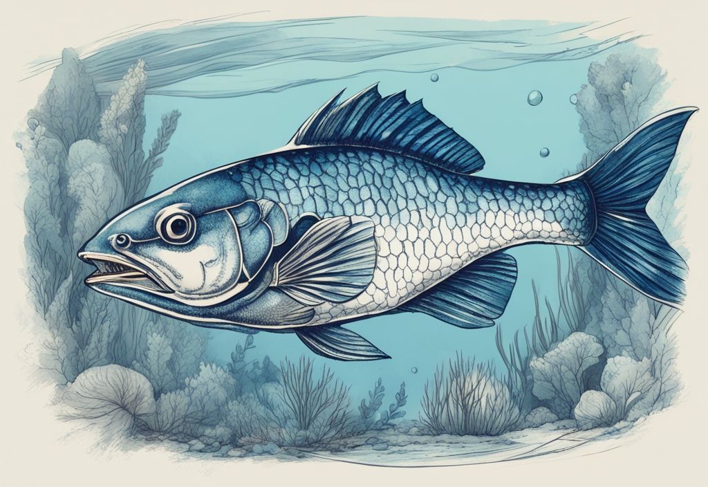 Vintage-Skizze von Fischen aus Nordrhein-Westfalen in klarem Wasser, Hauptfarbe Blau