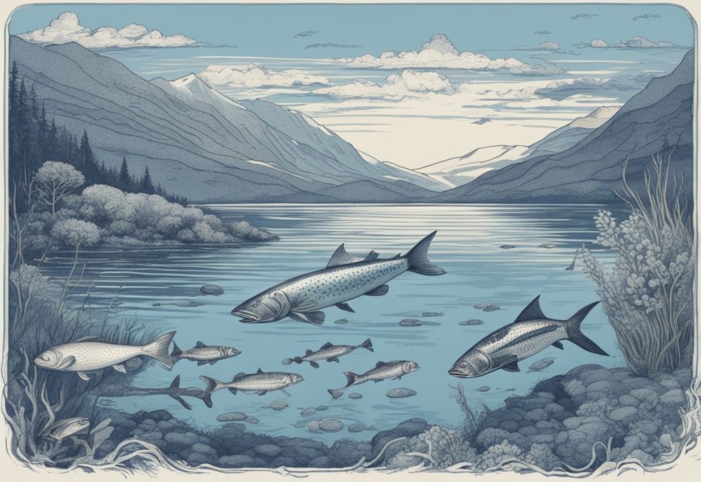 Vintage-Skizzenillustration von Fischarten aus dem Loch Ness in klarem blauen Wasser vor schottischer Bergkulisse