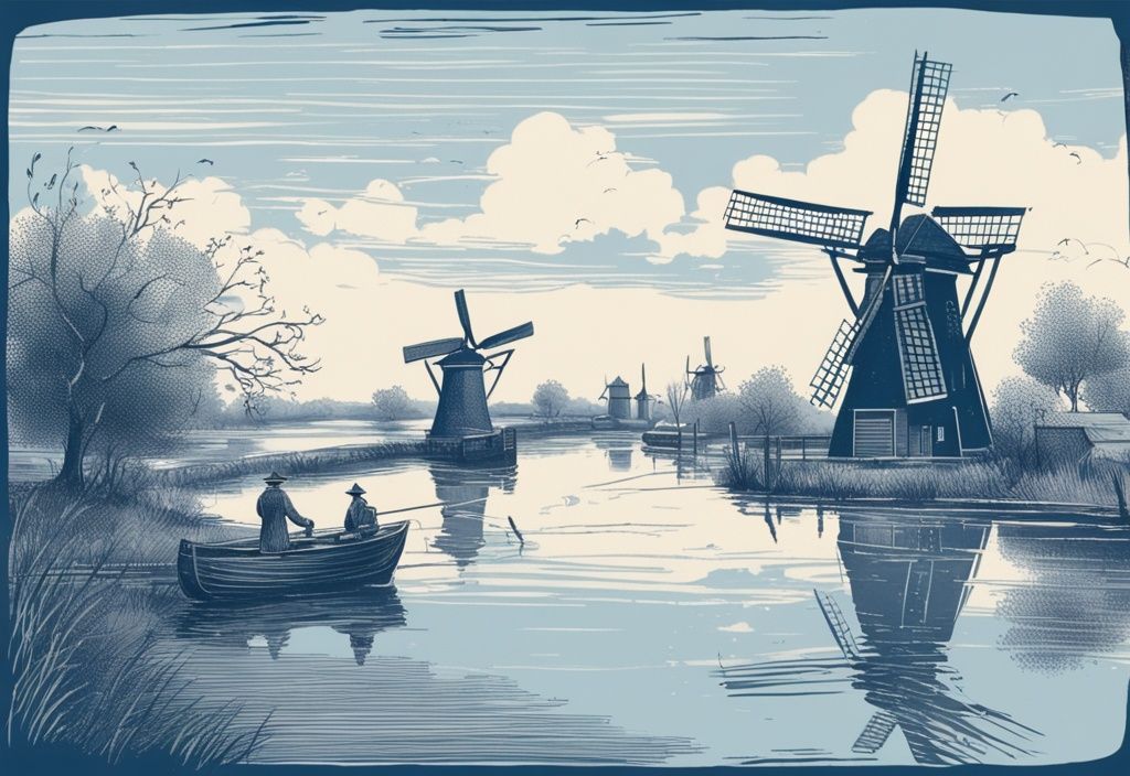 Vintage-Skizze einer ruhigen niederlĂ€ndischen Landschaft mit blauen KanĂ€len, traditionellen WindmĂŒhlen und einem Angler in klassischer AusrĂŒstung, der von einem rustikalen Holzboot aus angelt â Angeln in Niederlande.