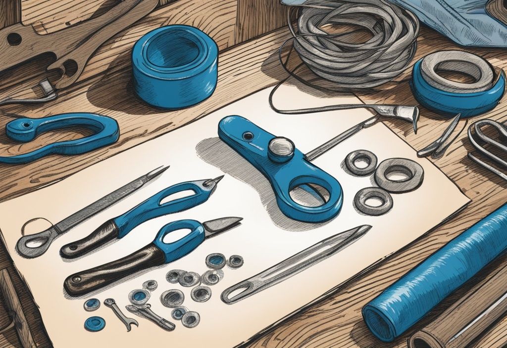 Vintage Skizzenillustration in Blau: Hände arbeiten an DIY Ösen-Set mit Werkzeugen auf rustikalem Holztisch.