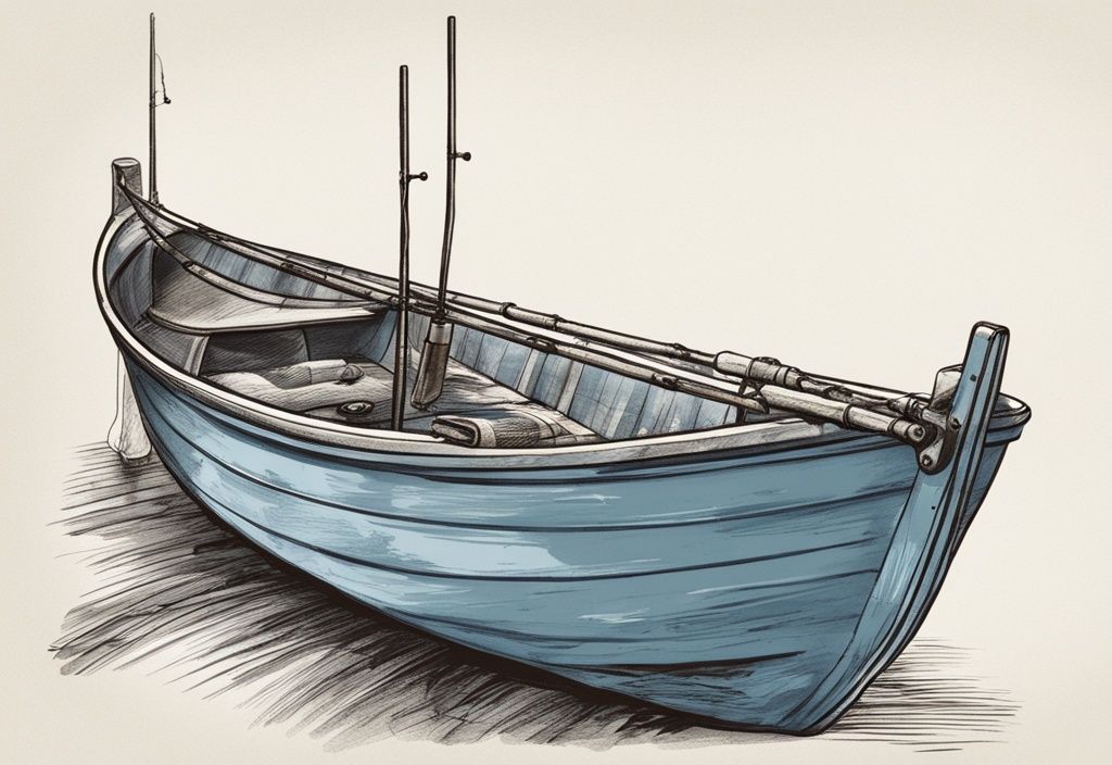 Vintage Skizze eines handgefertigten Angelrutenhalters auf einem kleinen Fischerboot in Blau.