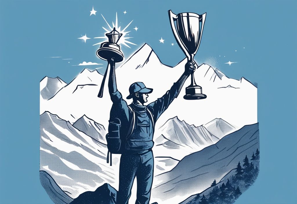 Vintage Skizze eines triumphierenden Wanderers auf einem Gipfel mit einem glänzenden Pokal, der ihn als UL Rute Testsieger kennzeichnet, in einer atemberaubenden blauen Landschaft.