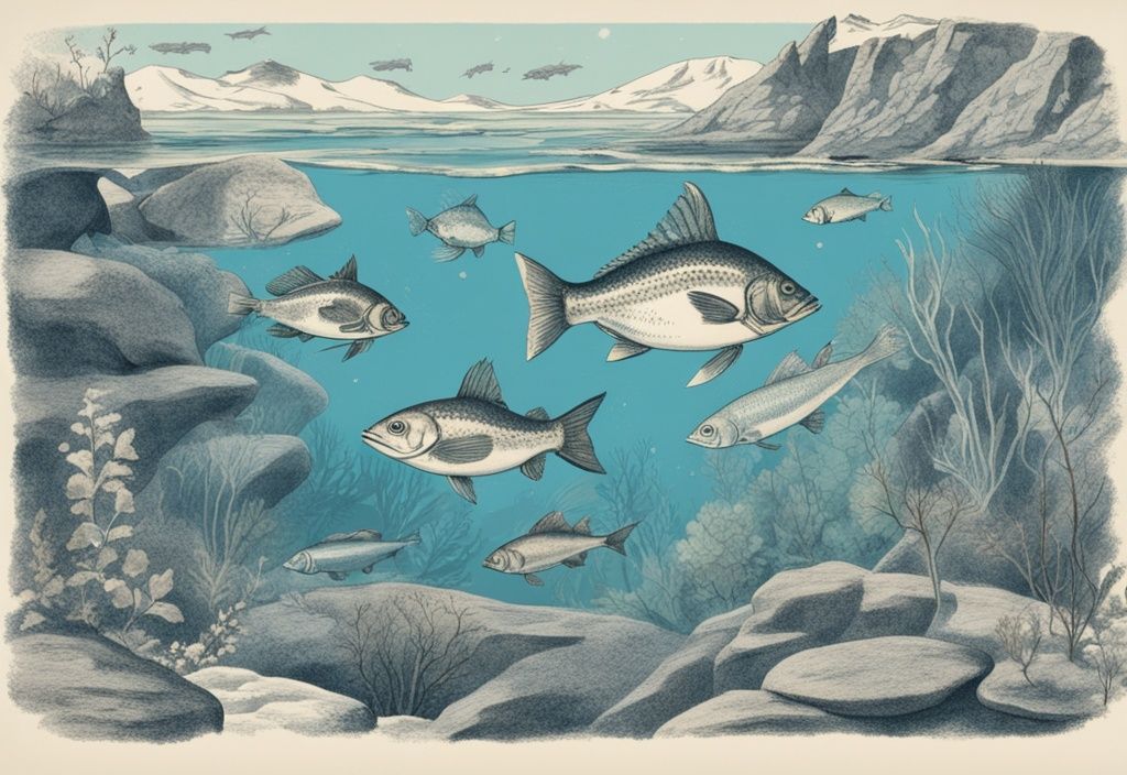 Vintage-Skizze mit Fischarten Norwegen in klarem Wasser, Hauptfarbe Blau