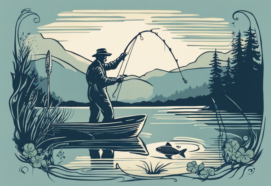 Vintage Illustration eines Anglers bei Sonnenaufgang, der einen großen Fisch aus einem ruhigen See zieht, mit einem vierblättrigen Kleeblatt am Hut.