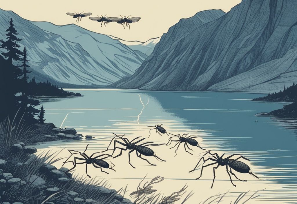 Vintage-Skizzenillustration von Mücken in Norwegen, die über einem wunderschönen Fjord im Hintergrund schwärmen, der die Mitternachtssonne reflektiert.