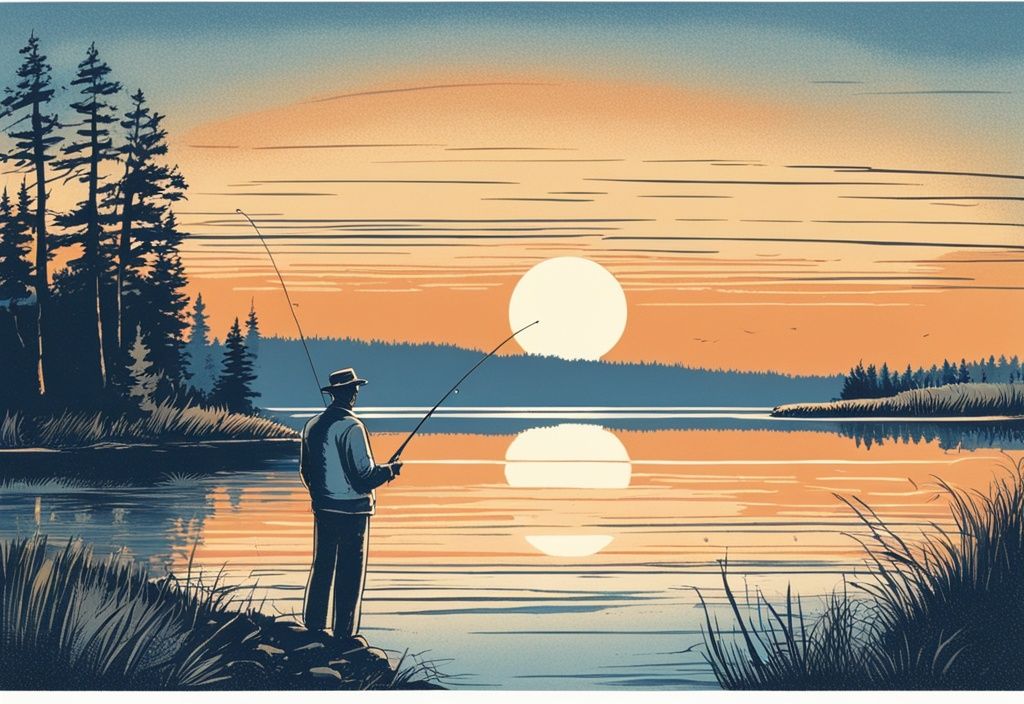 Vintage-Skizze eines Anglers am Seeufer, der einen farbenfrohen Köder ins ruhige Wasser bei Sonnenaufgang wirft, in Blau gehalten.