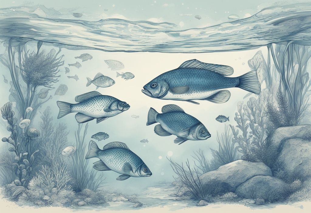 Vintage-Skizze von Fischen aus Nordrhein-Westfalen in klarem Wasser, blaues Farbschema