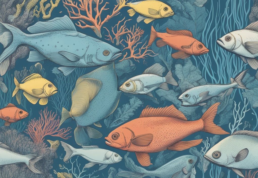 Vintage-Skizzenillustration von seltenen, bunt geformten Fischarten in einem lebendigen Unterwasserökosystem, Hauptfarbton Blau.