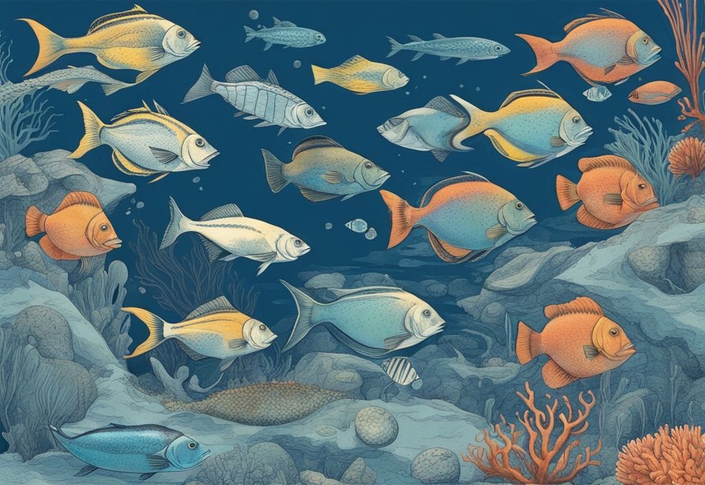 Vintage-Skizzenillustration mit blauem Farbthema, die eine vielfältige Auswahl an bunten Fischarten in einer lebendig dargestellten Unterwasserlandschaft zeigt.