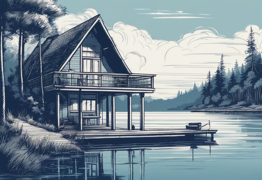 Vintage-Skizze eines Bungalow direkt am See mit Angelsteg, ruhige Landschaft in Blautönen mit einem gemütlichen Haus und einem einfachen Steg, der ins Wasser ragt.