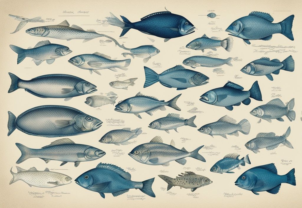 Vintage-Skizzenillustration verschiedener Fischarten mit Lebensdauer-Timelines, Hauptfarbe Blau, wie alt werden Fische