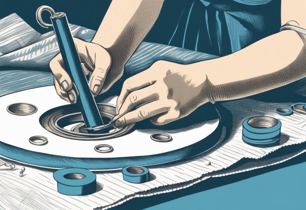 Vintage-Skizzenillustration: Hände setzen eine Metallöse in Stoff, umgeben von Ösenwerkzeug, gestanzten Löchern und zusätzlichen Ösen. Ösen selber machen.