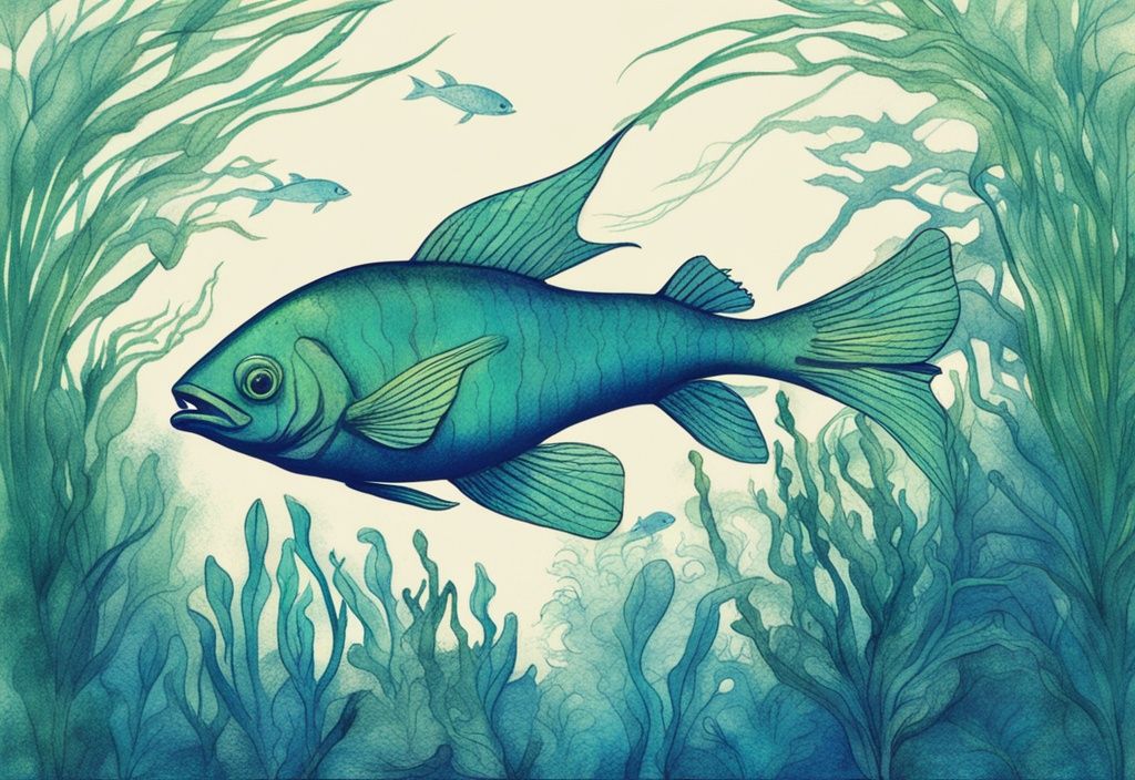Vintage-Skizze eines exotischen, durchsichtigen Fisches mit grünen Gräten, der zwischen Seegras im tiefblauen Meer schwimmt.