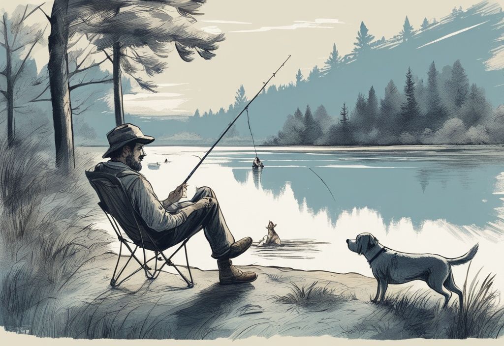 Vintage-Skizze: Mann beim Angeln an einem ruhigen Flussufer, sitzend auf einem Campingstuhl mit Angelrute in der Hand, während ein Hund im Hintergrund die Umgebung erkundet. Angelurlaub mit Hund.