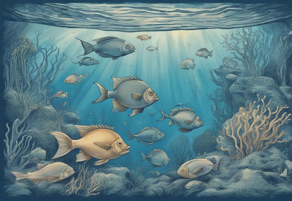 Vintage-Skizzenillustration einer Unterwasserszene mit schlafenden Fischen in verschiedenen Posen, blaue Farbtöne, dimm beleuchtete aquatische Umgebung.