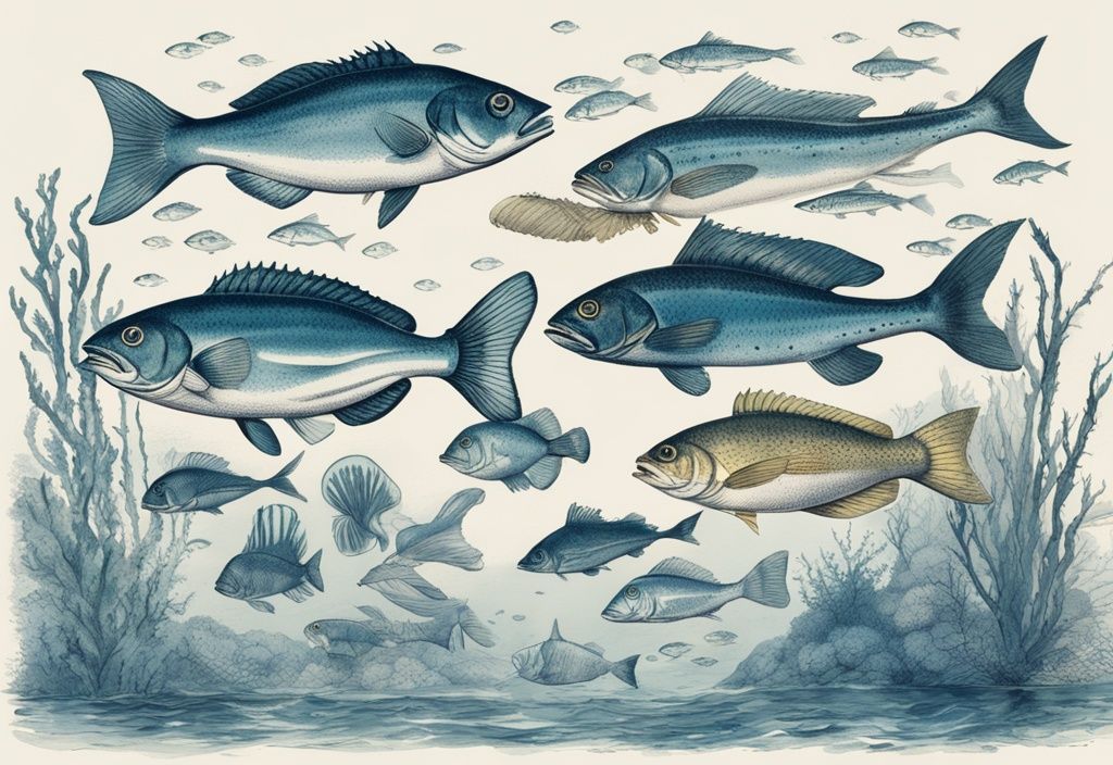 Vintage-Skizze einer Unterwasserszene in der Nordsee mit verschiedenen Fischarten Nordsee, darunter Atlantischer Kabeljau, Schellfisch und Europäische Flunder, in Blau.