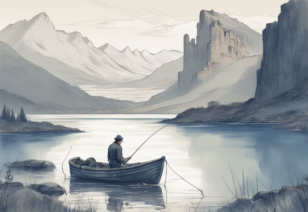 Vintage-Skizze eines schottischen Fischers beim Angeln in Schottland auf einem rustikalen Holzboot, umgeben von einem ruhigen Hochlandsee, dramatischen Klippen und einer Burgruine im Hintergrund.