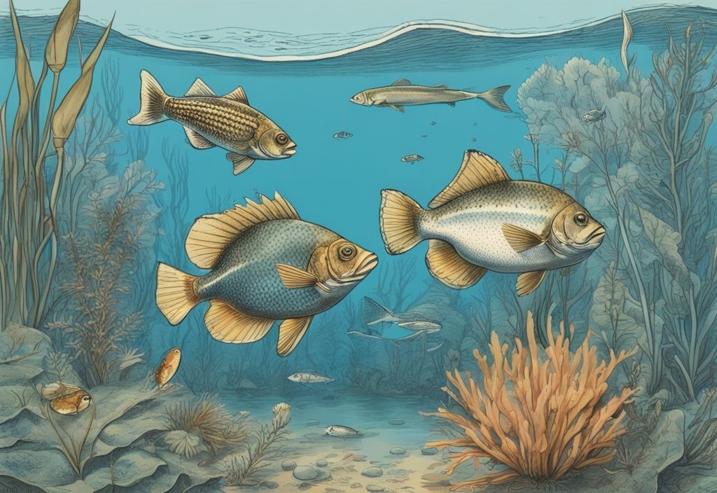 Vintage-Skizze mit verschiedenen Fischarten Sachsen in einem klaren, ruhigen Gewässer, umgeben von einheimischer Wasserpflanzenwelt.