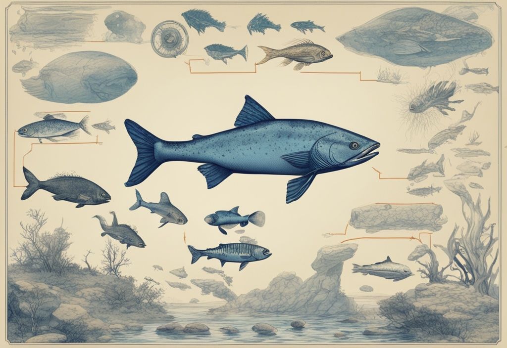 Vintage-Skizze, die die Evolution der Fische von der Urzeit bis zur Moderne zeigt, Hauptfarbthema Blau, seit wann gibt es Fische.