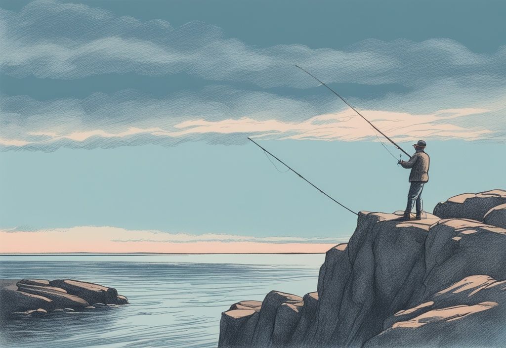 Vintage-Skizze eines Anglers auf Bornholm-Insel, der von einer felsigen Küste bei Morgendämmerung in blauem Farbschema angelt